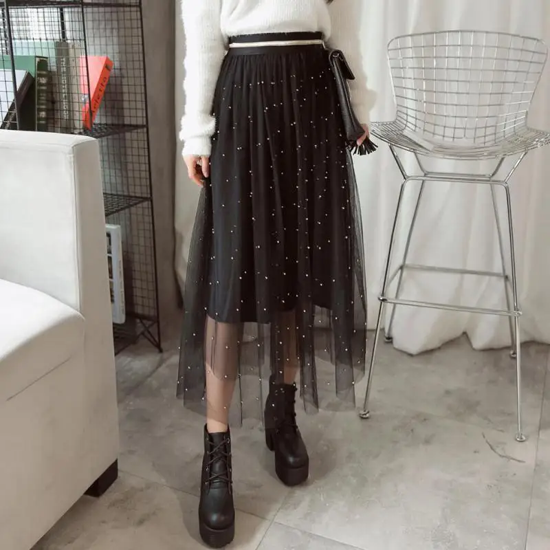 

2019 Spring New Arrival Korean Style All-match High Waist Skirt Nail Bead Ankle-length Tulle Tutu Skirts Womens Free Shipping