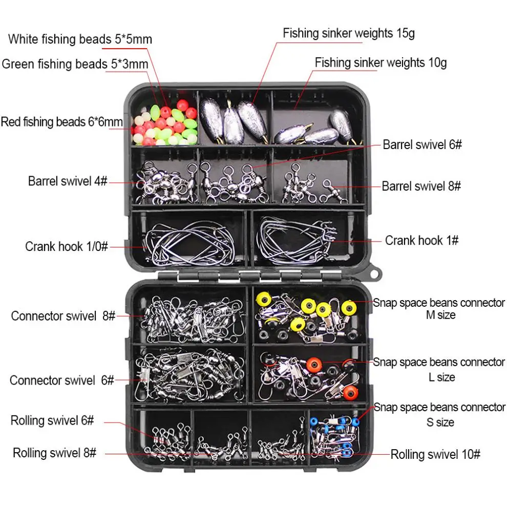 160 шт. комплект рыболовных принадлежностей кривошипный крюк защелкивается Поворотный соединитель светящиеся бусины для рыбалки грузила с коробкой для снастей