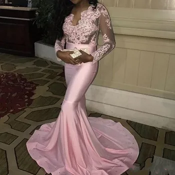

Blush Pink Evening Dresses Mermaid Sexy Deep V Neck Satin Robe De Soiree Full Sleeves Lace Evening Dress Long Appliques