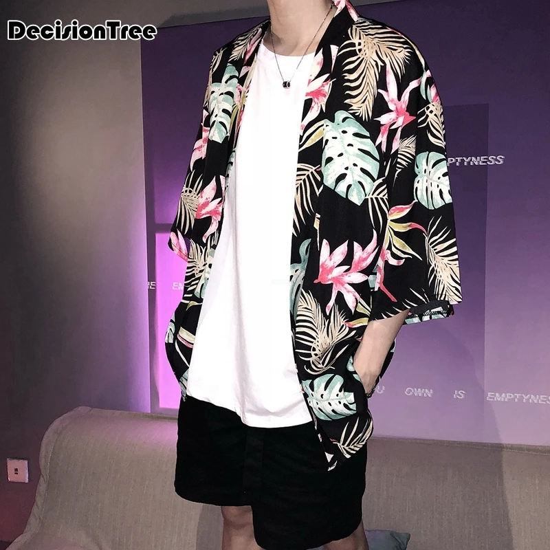 

2019 summer chinese style linen cotton kimono men retro coat hiphop streetwear casual outwear jackets floral crane print kimono