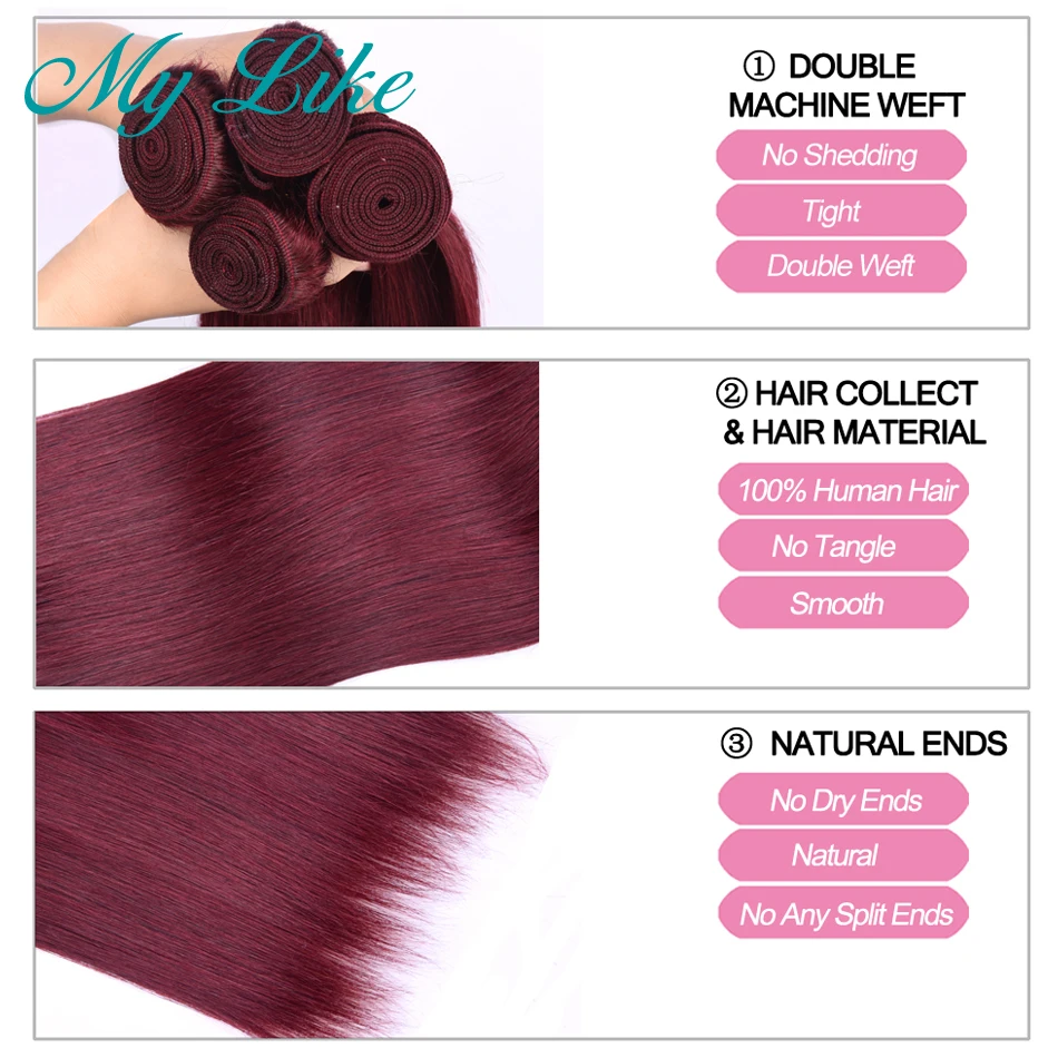 My Like Pre-colored Peruvian Hair 4 Bundles 99j Burgundy Non-remy Human Hair Extensions Wine Red Straight Hair Weave Bundles