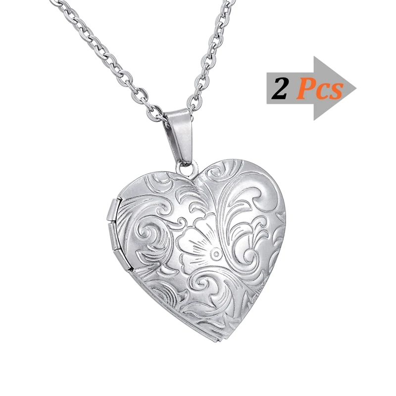 

FUNIQUE 2pcs Stainless Steel Heart Pendant Necklaces Men Women Retro Flower Pattern Chain Necklaces Opening DIY Photo Box Charms