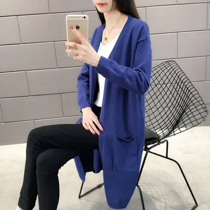 blue Весна и осень, новинка, большой размер, Женский вязаный кардиган с длинным рукавом, повседневный вязаный свитер, яркие цвета, 719 - Цвет: blue