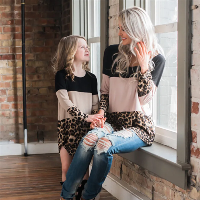 

Matching Family Clothes Monther Daughter Leopard Print Long T Shirts Patchwork Autumn Women Shirts Baby Girls Tees Top Pullover