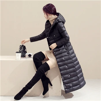 Чистый цвет, женский пуховик, зимний пуховик, женское приталенное длинное пальто с капюшоном, размер S-XXXL - Цвет: Черный