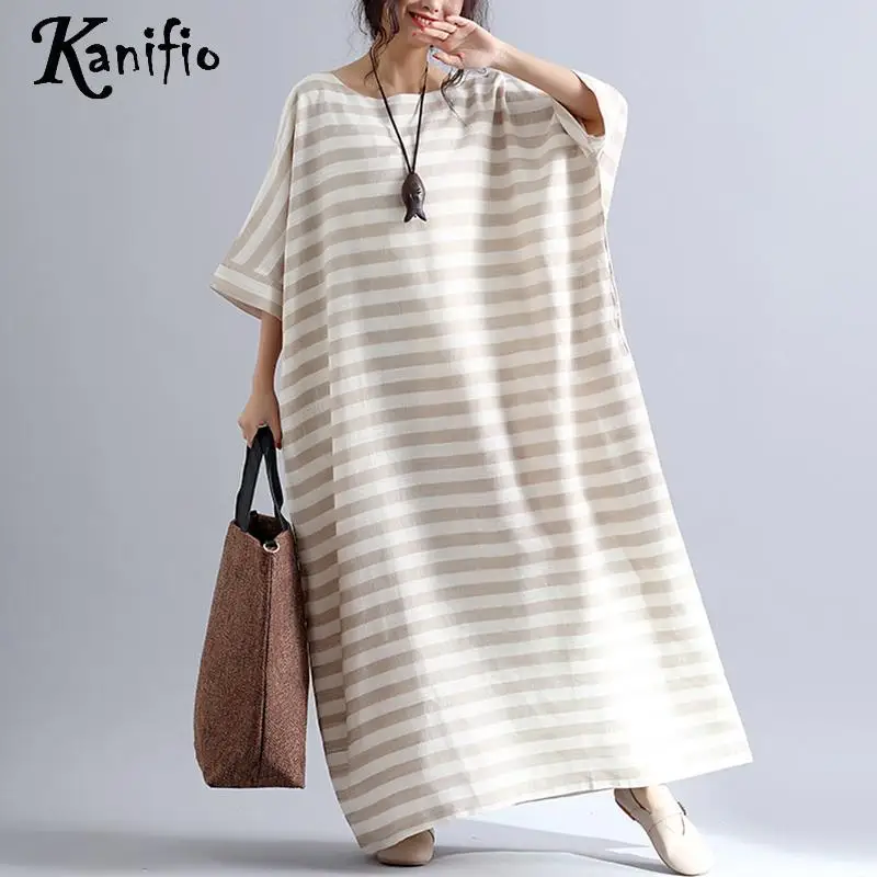 

Kanifio Oversized Dress for Woman Apparel Plus Size Striped Summer New 2019 Casual Loose Long Maxi Dresses Female Vestidios 10XL