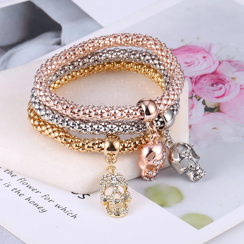 

Europe And America New Fashion Punk Style Crystal Skull Bracelet & Bangle 3PCS/Set Women Exquisite Bracelets Sets Jewelry Gifts