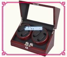 New 4+0 Automatic Wooden Stripped Wine Red + Black Watch Winder Storage Display Case Box Rotate Leather