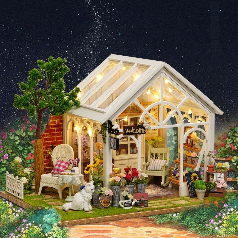 

CuteRoom A-063-C Sunshine Greenhouse Flower Shop DIY Dollhouse With Music Cover Light Miniature Gift Toy For Children