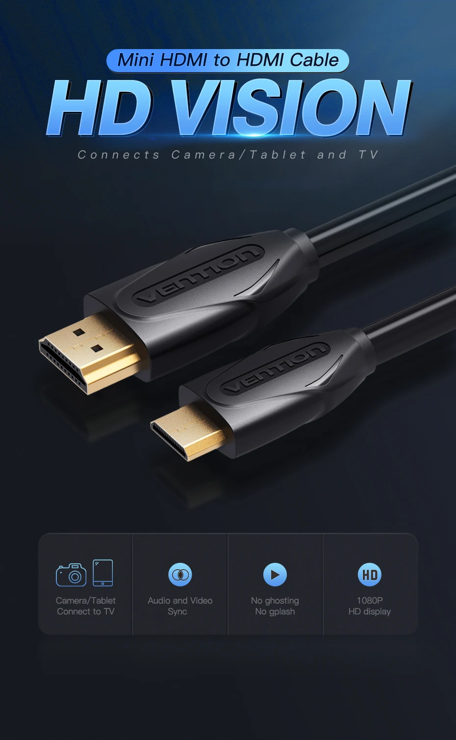 Vention Mini HDMI to HDMI кабель позолоченный 1080P Mini HDMI кабель 1 М 1,5 2 м для планшета видеокамеры MP4 DVD HDMI кабель Позолоченный