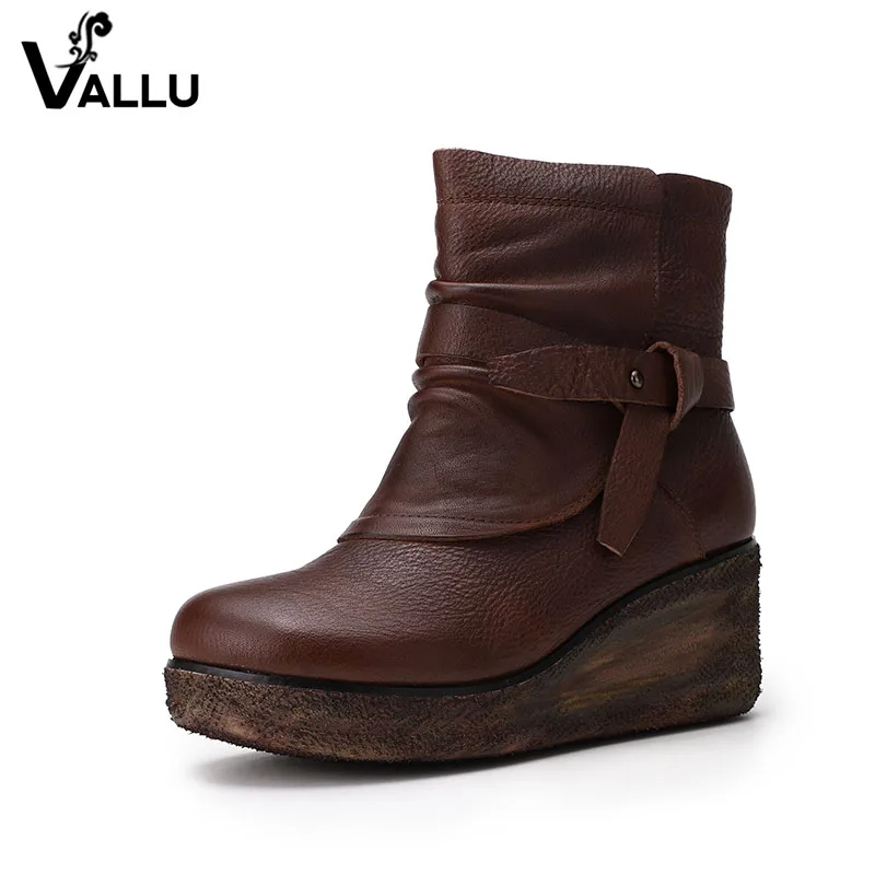 À Cuir Vintage Femmes Compensées La D'origine Bottines Orteils Bottes Femme Nouveauté Vallu Chaussures En Boucle 2019 Main Ronde Marron Pour hdtQrsC
