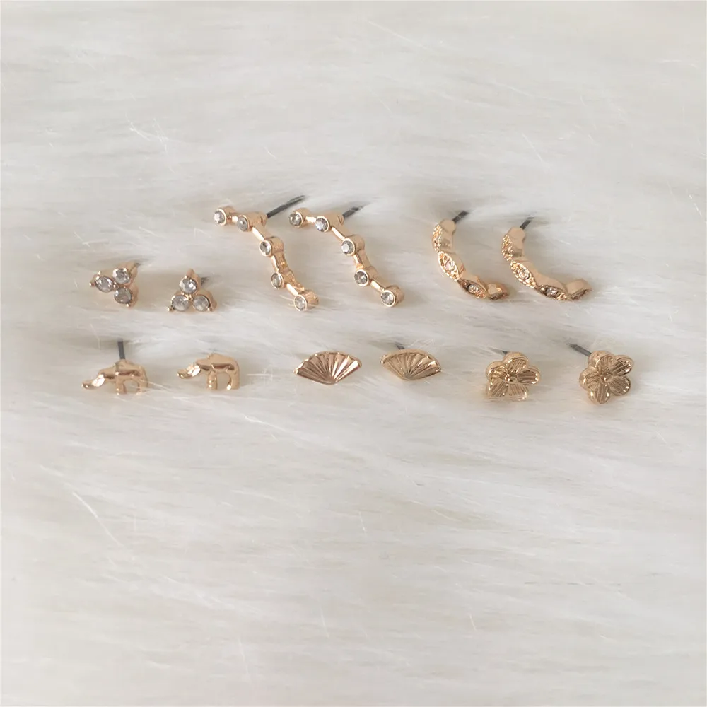 

LOVELY EARRINGS SET GOLD COLOR PLATING CLEAR STONE SHELL ELEPHANT FLOWER CONSTELLATION 6 PAIR STUD EARRINGS SET FOR WOMEN GIRL