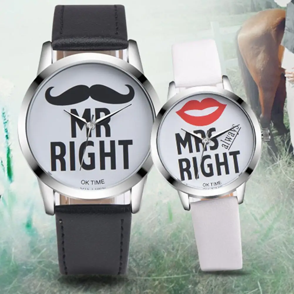 LinTimes стильные Mr Right/Mrs Right кварцевые часы для влюбленных повседневные наручные часы с орнаментом подарок