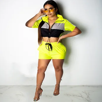 

2019 Summer Sport Short Turn-Down Collar Patchwork Zipper Tops Shorts Two Piece Outfits