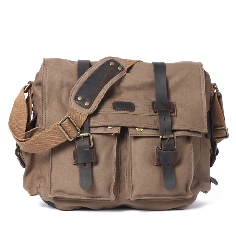 Винтаж Для Мужчин's Курьерские сумки кожаный рюкзак для ноутбука Компьютерные сумки на ремне в стиле милитари большие Ёмкость сумки-портфели для путешествий через плечо - Цвет: Хаки