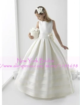 

New Fashion White Flower Girl Dresses With Jacket Satin Ball Gowns Cute Bow Custom Made Custom Made High Neck Floor Length Gowns
