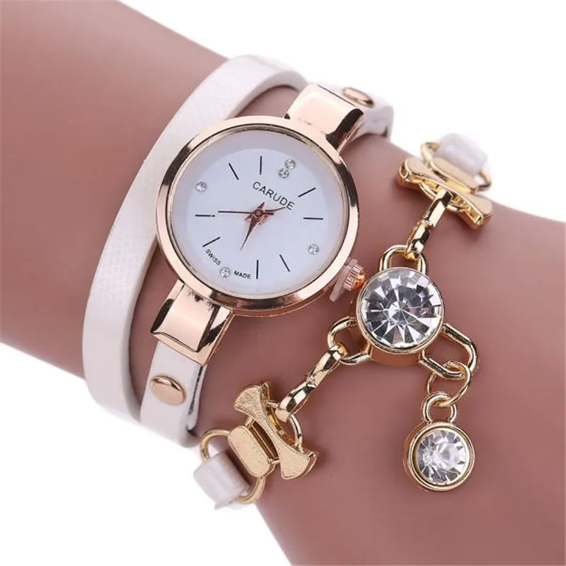 Женские часы от известного бренда, модные женские кожаные Стразы, аналоговые кварцевые наручные часы для платья, браслет для женщин - Цвет: Белый