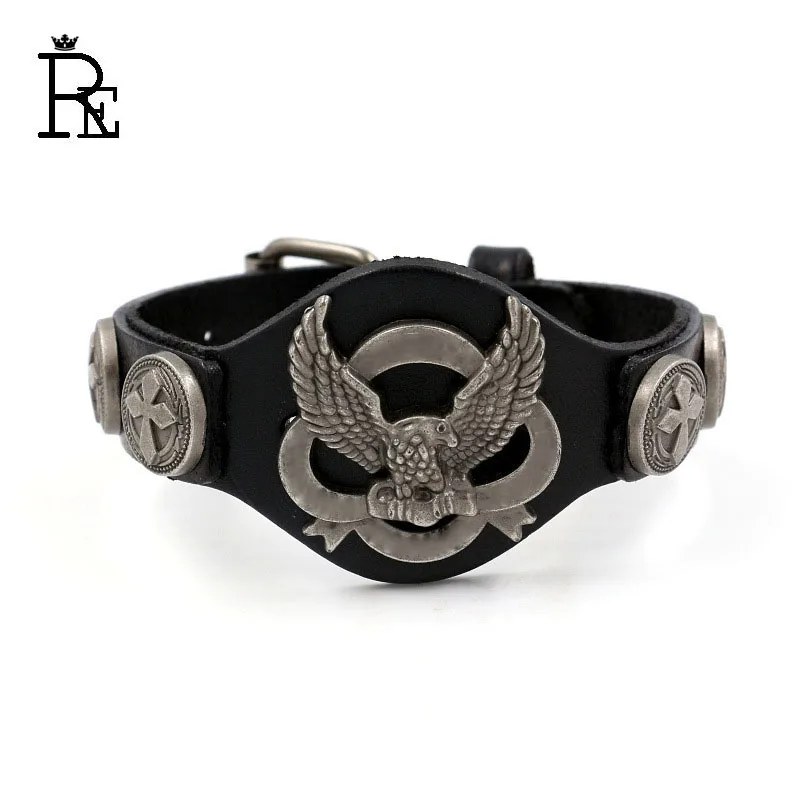 

RE Vikings Punk Bracelets For Men Harley Rider Genuine Leather Wrap Live To Ride Skull Skeleton Eagle Charm Bracelet Wristband