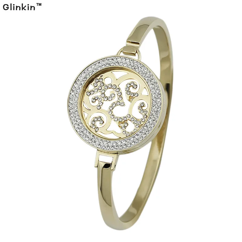 Gold 25MM Coin Holder Stainless Steel Bangle Bracelet Women With