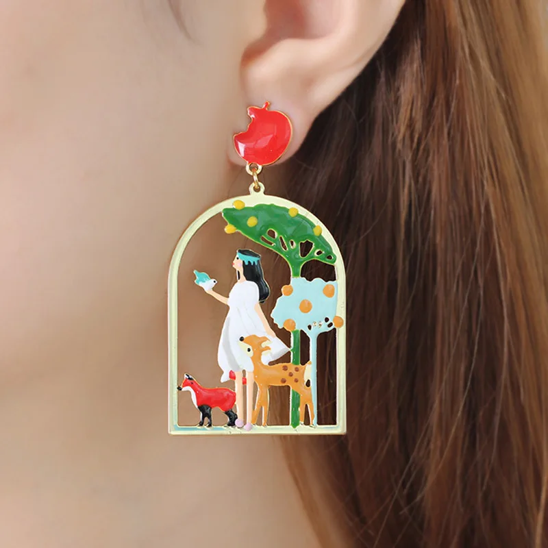 

2018 New Cartoon Princess Deer Tree Bird Earrings For Women Enamel Glaze Statement Luxury Drop Earrings Party Jewelry