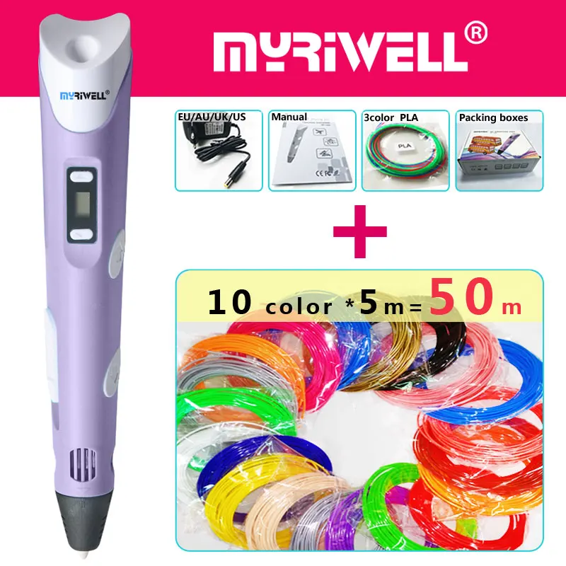 Myriwell 3d Ручка ручки светодиодный дисплей 50 м ABS/PLA нити модель Smart ручка для печати