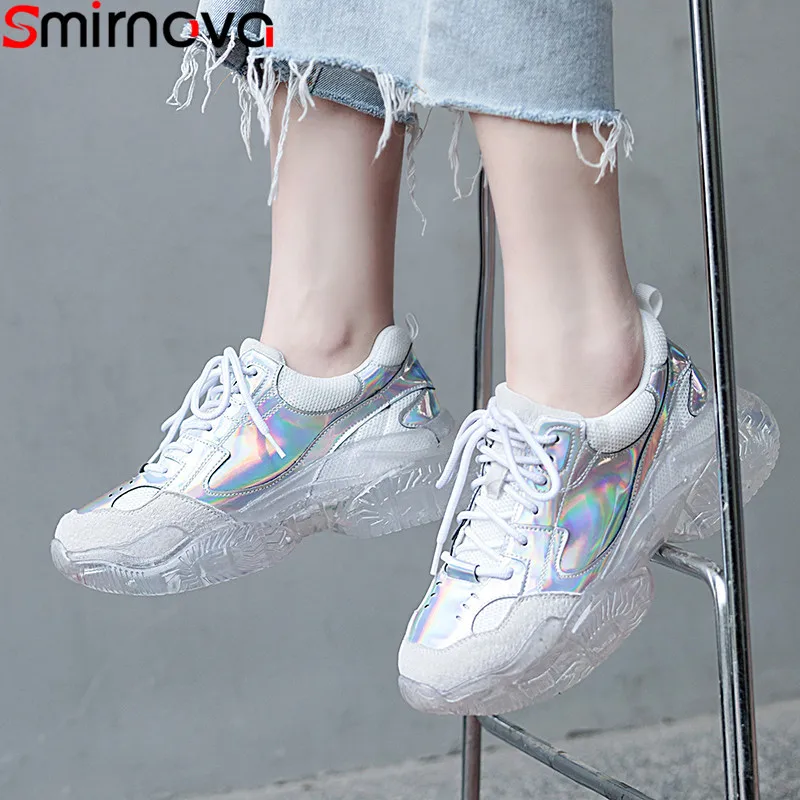 

Smirnova new sneakers women casual flat platform shoes lace up genuine leather shoes women colour Transparent sole flats women