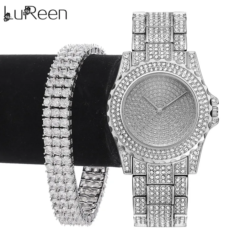 Lureen роскошные золотые кварцевые часы для мужчин 3 ряда Теннисный Браслет CZ часы Браслет Ювелирный Набор Подарок W0011