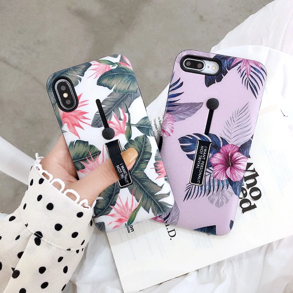 

Loop Ring Phone case Flower Tree Leaf 3D Relief Finger Ring Hide Stand Rubber TPU Back Cover for iPhone 6S 7 8 Plus X XR XS Max