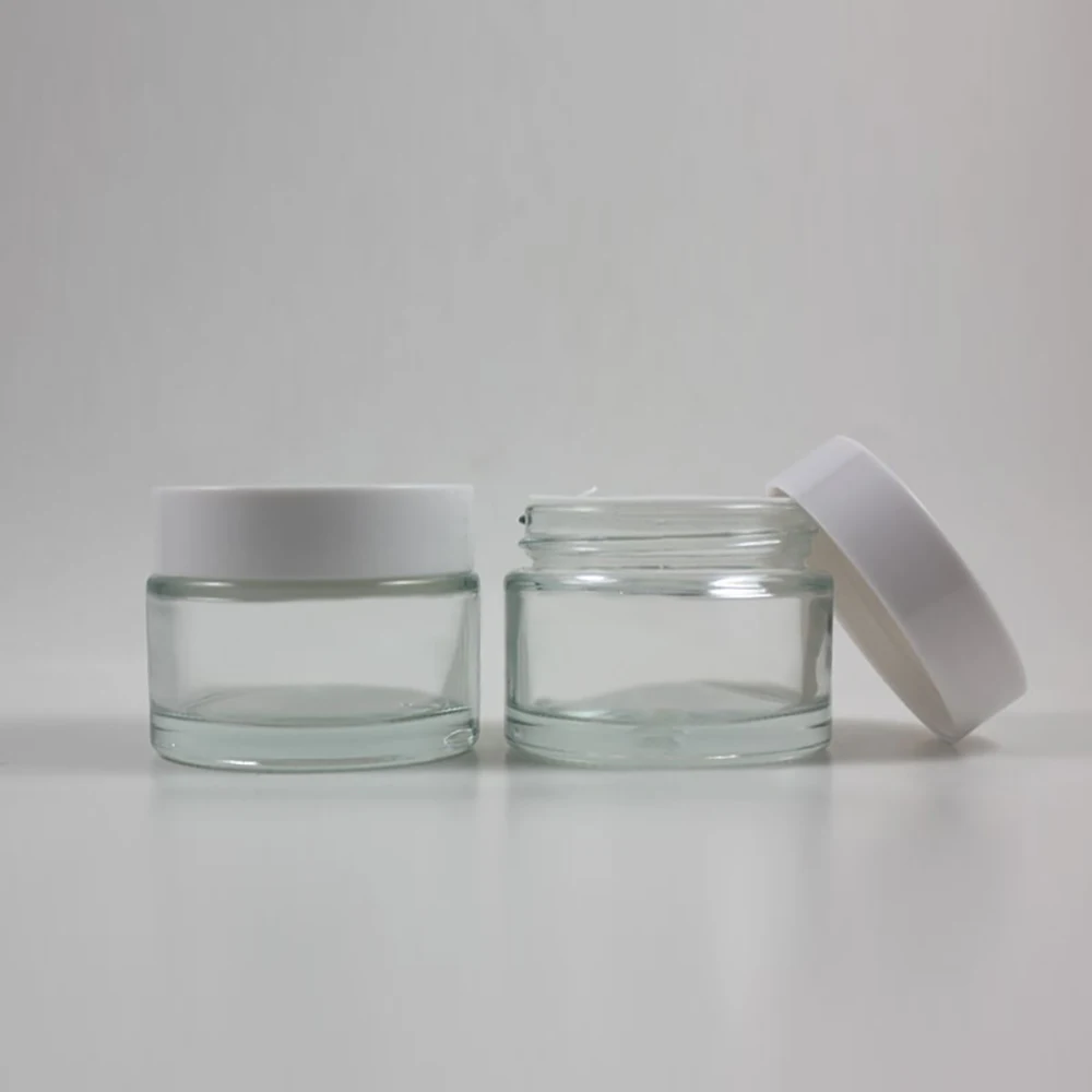 30pcs wholesale 50g clear glass cream jar with white plastic lid, 50g