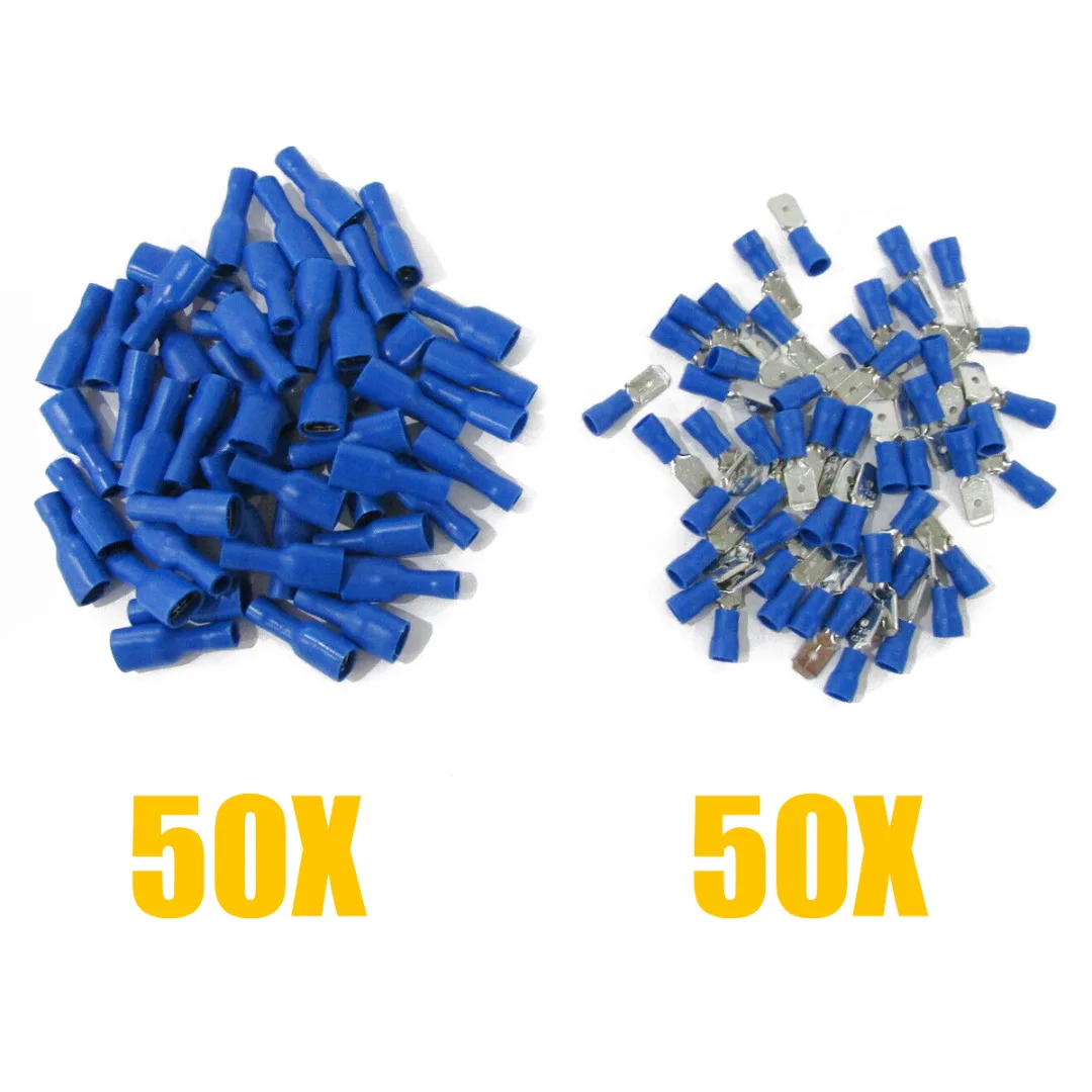 

100PCS 16-14AWG Insulated Spade Crimp Wire Cable Connector Terminal Male/Female Kit 50pair Blue for Audio Wire