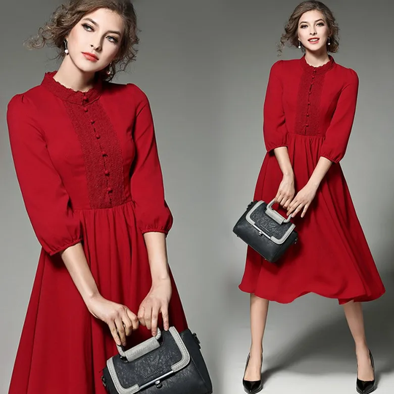 2017 весна женщины dress кружева лоскутная красный three четверти рукав качели подол midi