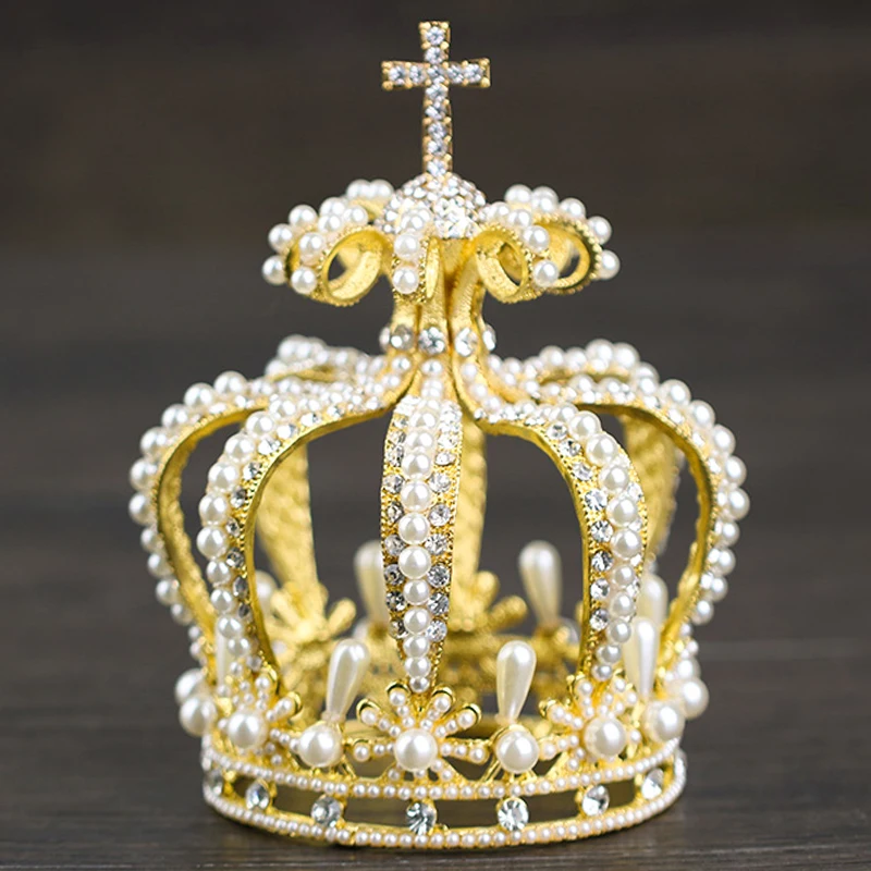 

Vintage Gold Crystal Pearl Round Bridal Tiara Queen Crown For Wedding Bridal Hair Accessories Dance Parties Hair Jewelry HG224