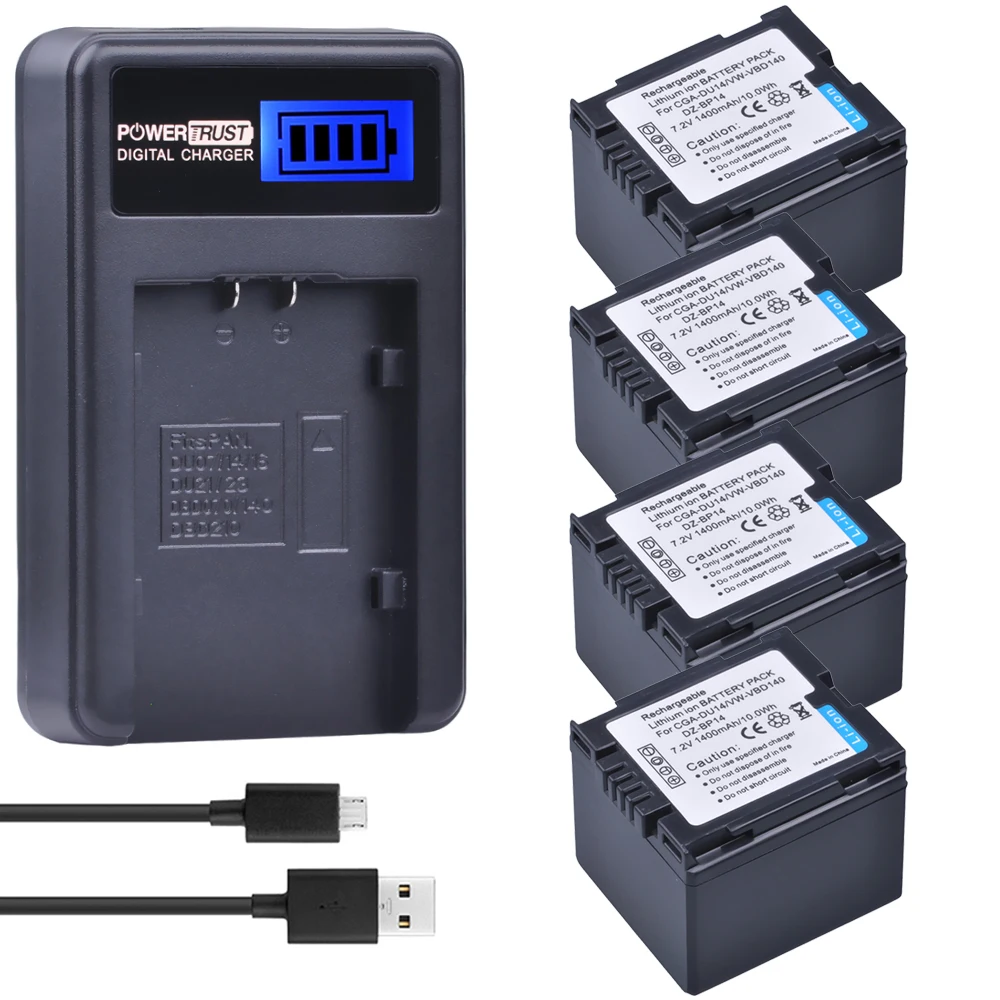 PowerTrust 4 шт. 7.2в CGA-DU14 CGADU14 CGA DU14 батарея для камеры + ЖК-Зарядное устройство USB Panasonic DU06