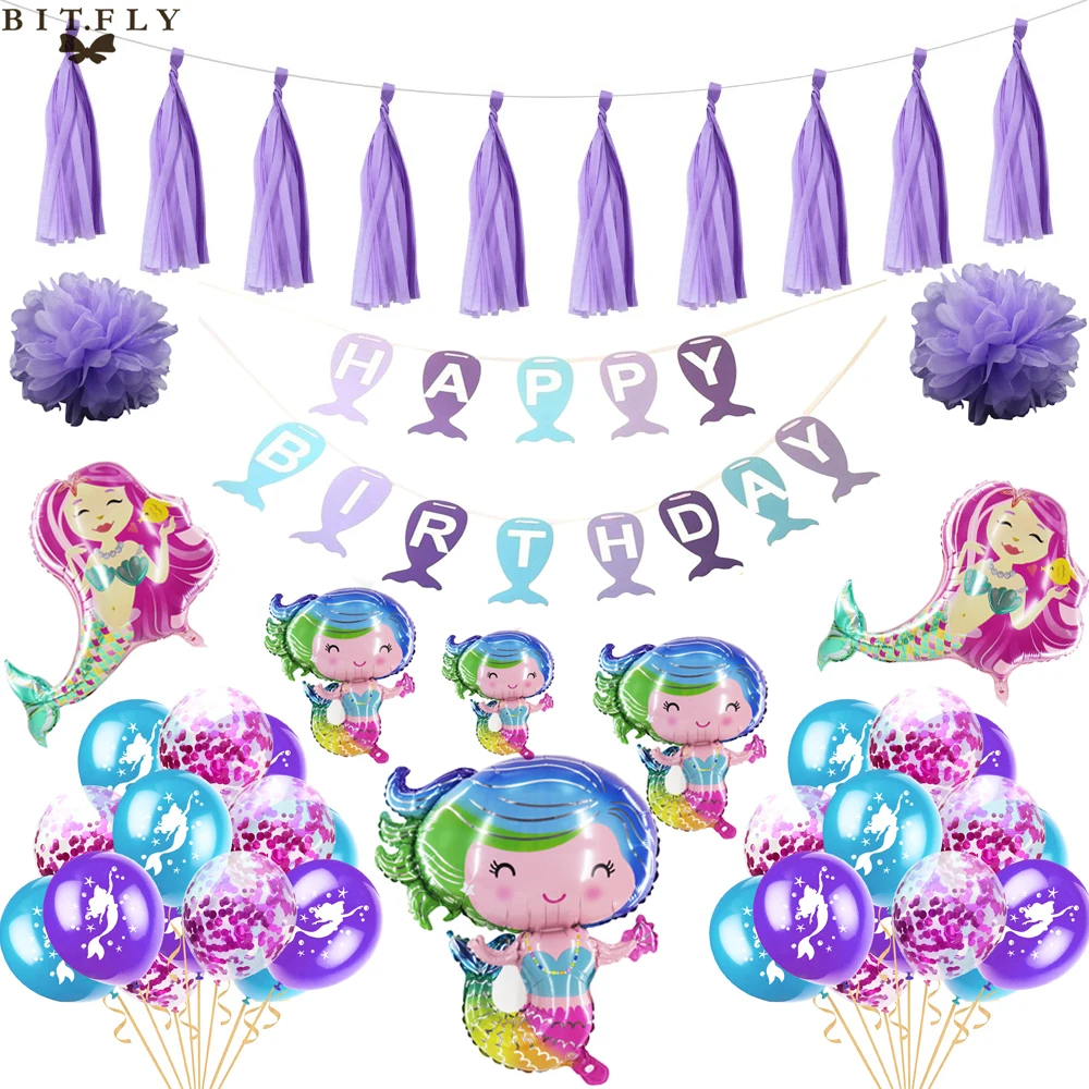 

Mermaid Theme Happy Birthday Banner Garland Confetti Air Balloon Kids Favor Baby Shower Hawaii Wedding Party Supply Photo Props