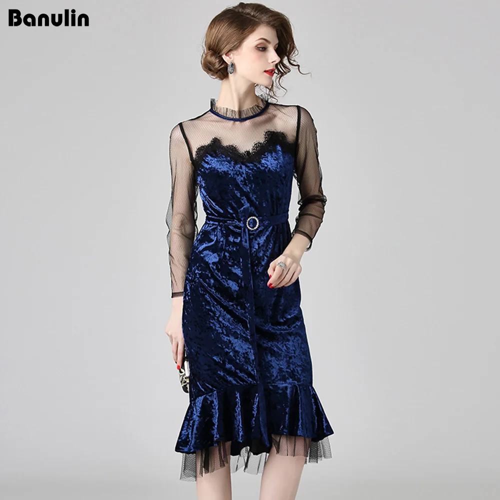 

Banulin New 2018 Runway Designer Blue Velvet Trumpet Dress Women's Long Sleeves Mesh Patchwork Ruffles Bodycon Party Dresses