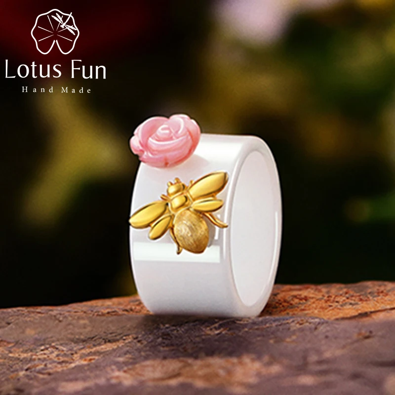 Lotus Fun Real 925 Sterling Silver prsten přírodní ruční jemné šperky keramika prsten roztomilý včela polibek z růže prsteny pro ženy  t