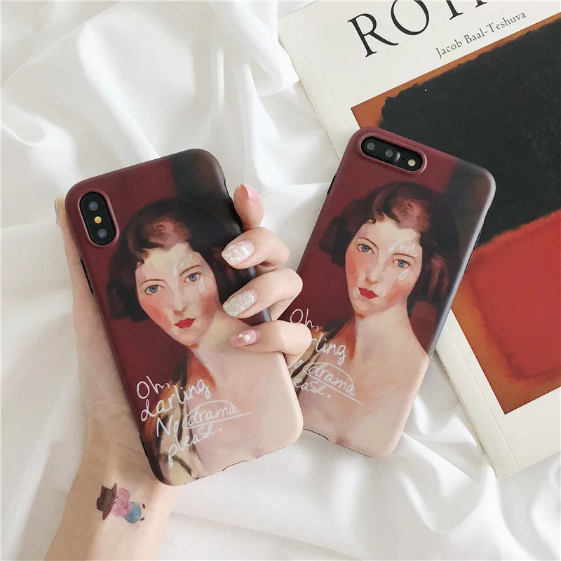 

Wine Red Retro Oil painting Girl Phone case For iphone X case Soft silicone cover For iphone 6S 7 8 Puls Back cover Funny Letter