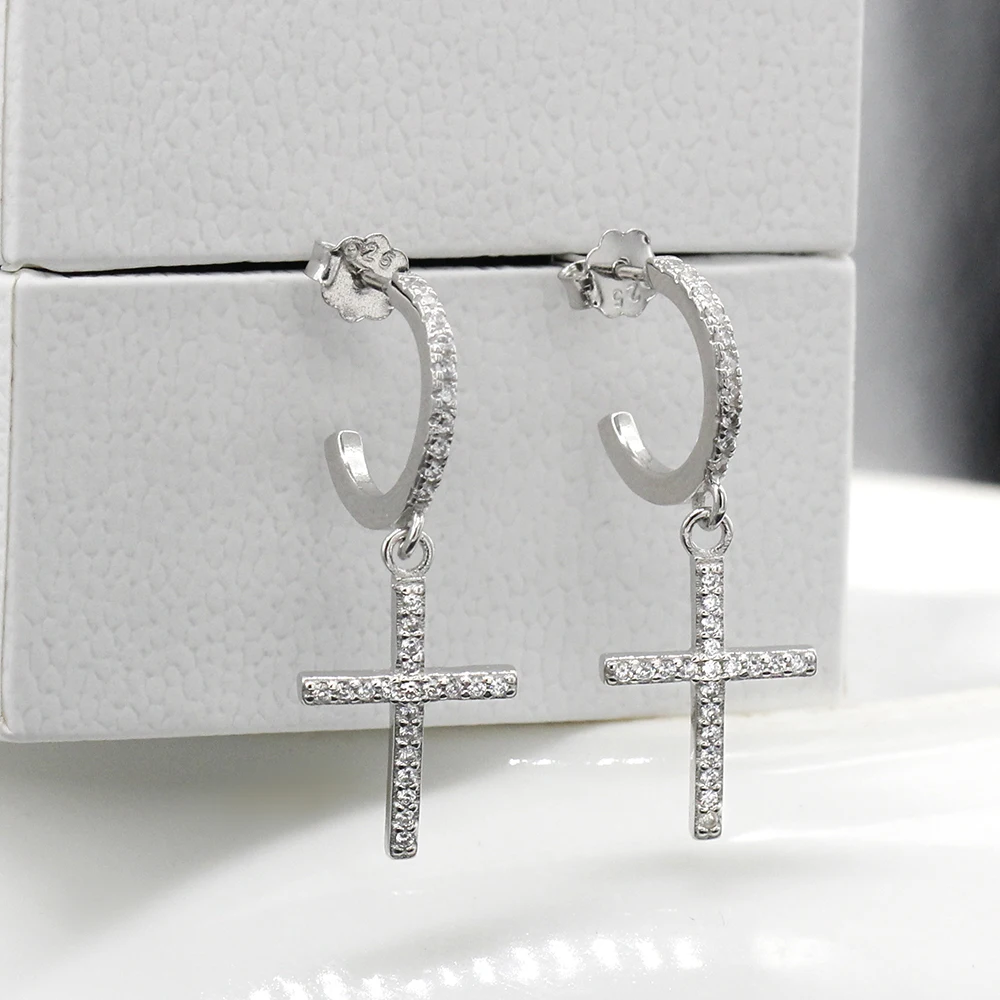 

925 Sterling Silver Stud Earrings Punk Cross Earrings with Clear Zircon Rock Style for Women Wedding Engagement Party Jewelry
