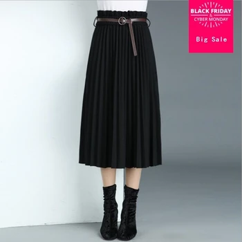 

2018 Spring New Solid Color Knit Female Skirt High waist Large Pendulum A Word Pleated Skirt Send Belt Large Size Skirt L58