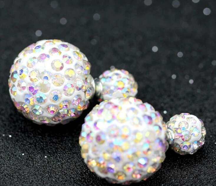 

Double Sides White AB Color Earring Two Ball Stud Earrings For Girls Pave Clay Crystal Jewelry 10pairs/lot Free Shipping