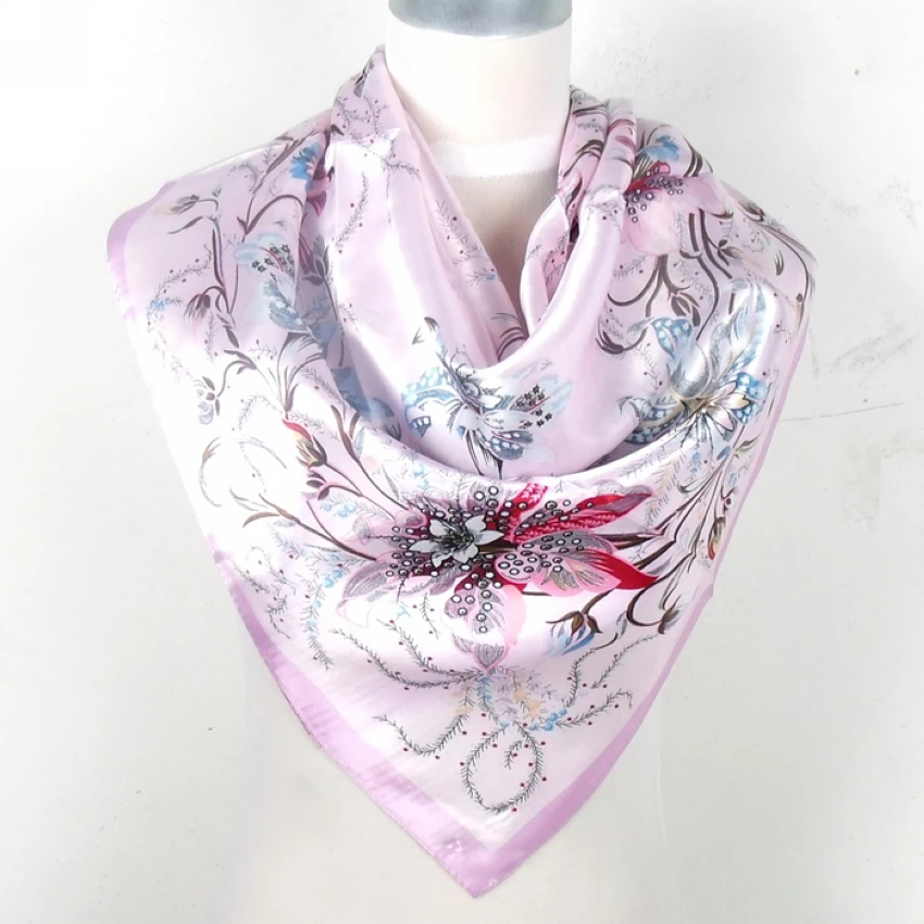 

2014 Fashion Brand Female Pink Scarf,Women Polyester Silk Scarf Printed,Flowers Design Satin Big Square Scarf/Shawl For Ladies