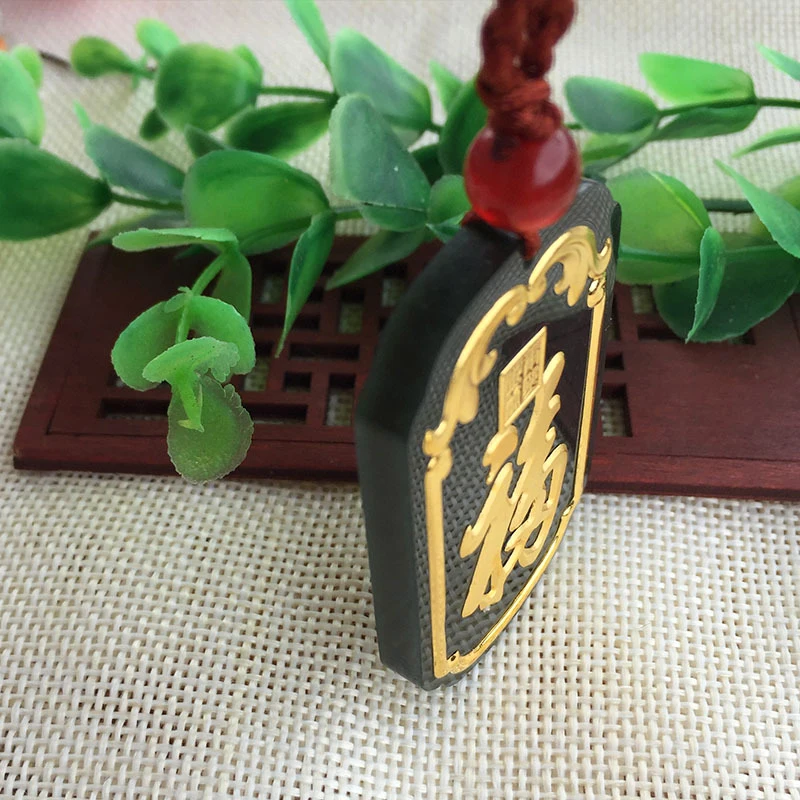 Blessing Gold Inlaid Jade Pendants for Men and Women Pendant Hetian Jade Dark Green Inlaid Gold Pendant Valentine's Day Gift Fine Jewelry