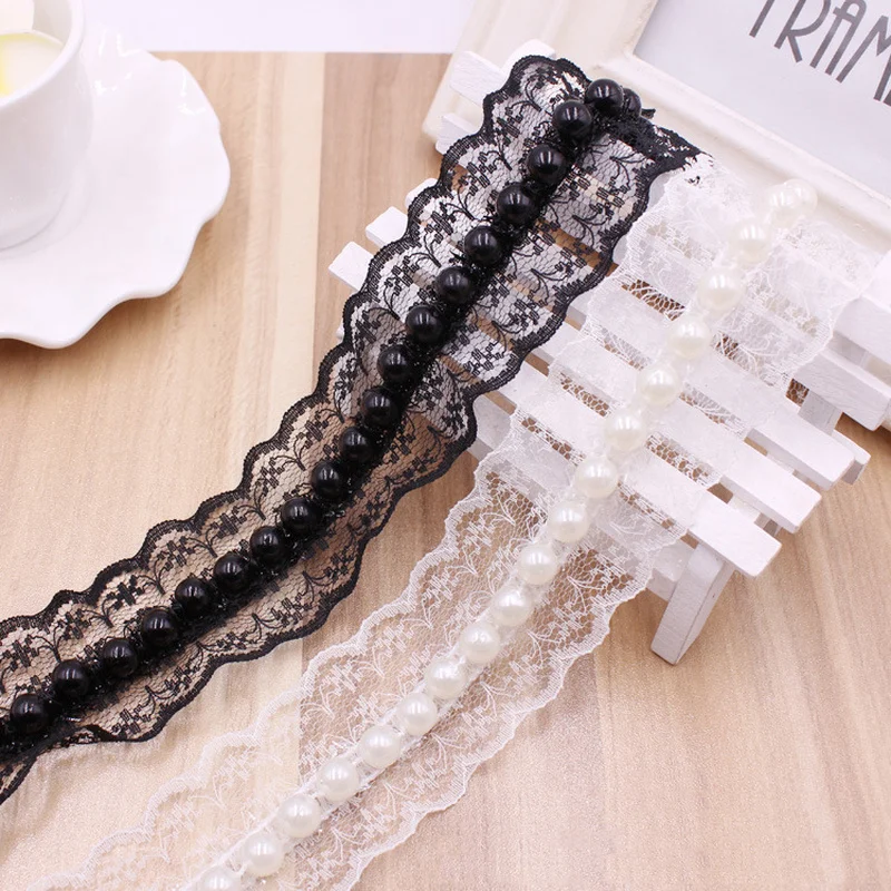 

10Yard Beautiful 40mm width white black pearl lace Trim fabric handmade beading Lace Ribbon Sewing Wedding Decoration DIY C6-3