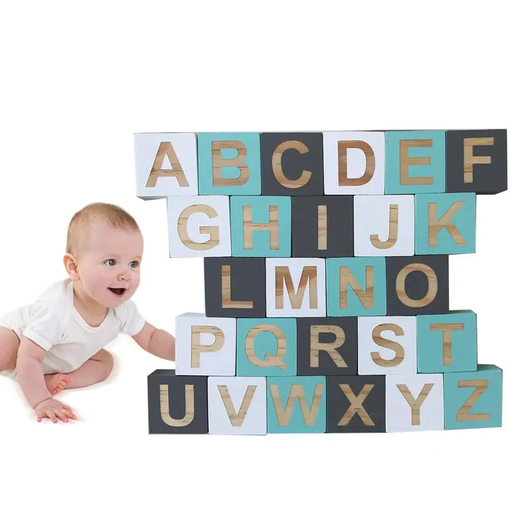 

1 Set Solid Wood White+Gray+Green Square Block Baby Learning 26 English Letter Cube Kids Infant Photography Props Children Room