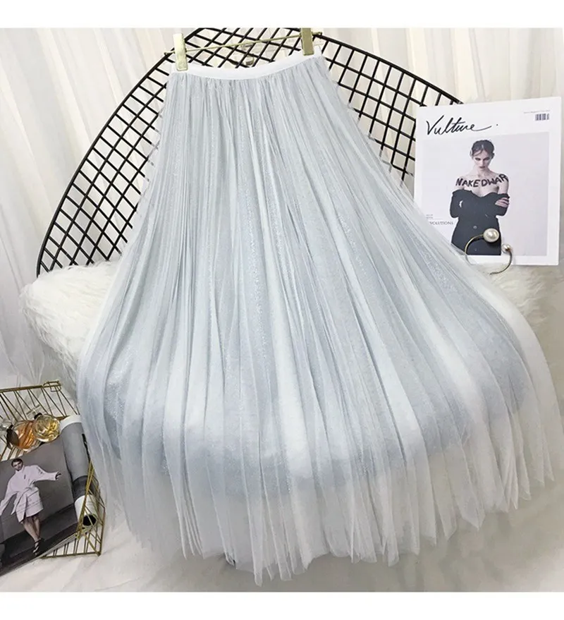 Женские элегантные блестящие миди длинные юбки для дам корейские повседневные с высокой талией плиссированные черные сетчатые тюлевые юбки Saias Лето SK323