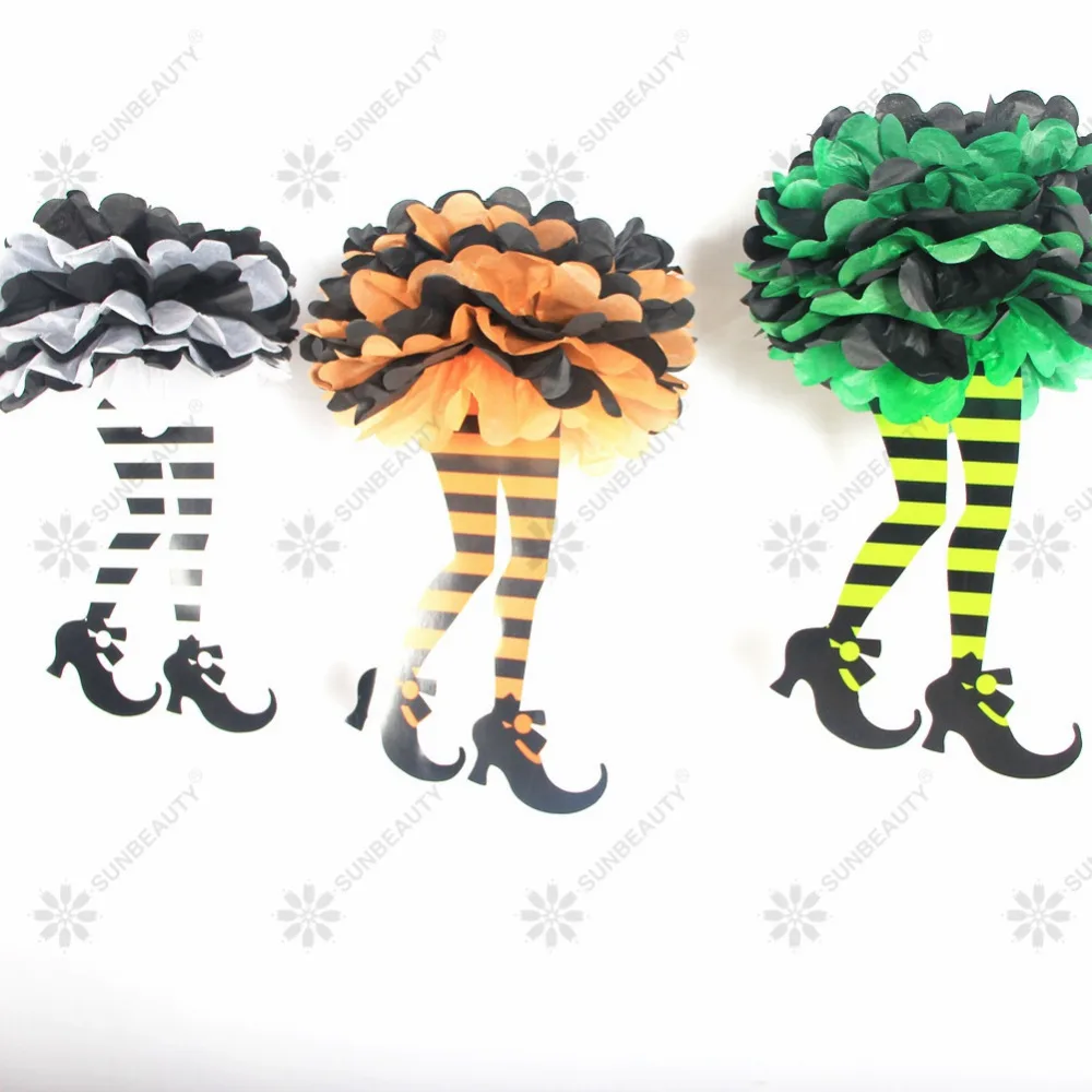 

Pack of 3 Assorted Witch Feet Witch's Boot Shoes with Tissue Pom Pom Skirt Halloween Party Hanging Decor