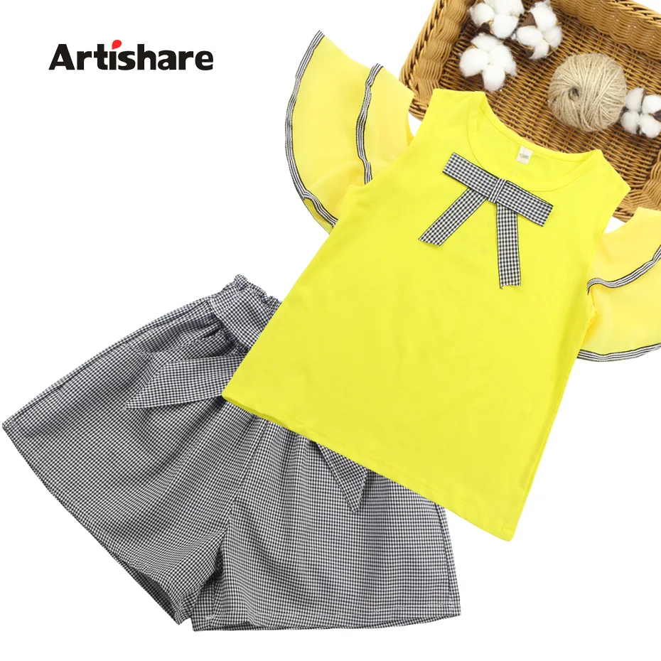

Kids Girls Clothes Off Shoulder Shirt + Plaid Shorts 2PCS Summer Girl Set Teenage Kids Tracksuit 6 8 10 12 13 14 Year