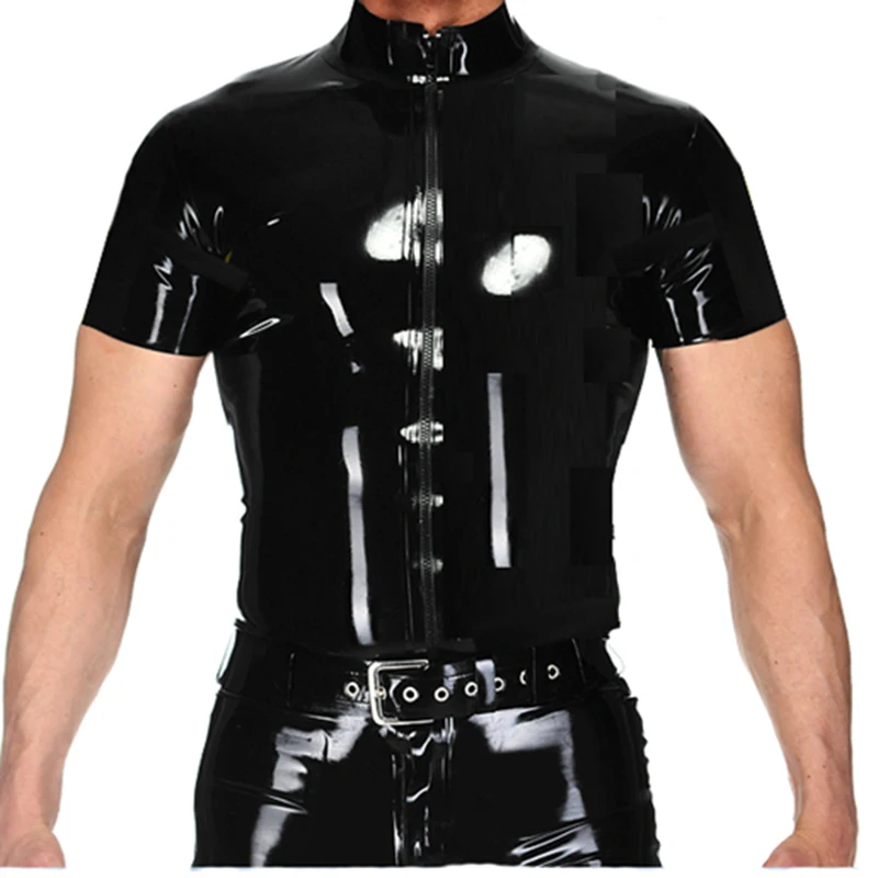 

2019 Men's Sexy Faux Leather Pole Dancing Uniform Black Shiny Patent Leather PVC Latex Top with Zipper DS Nightclub Punk Uniform