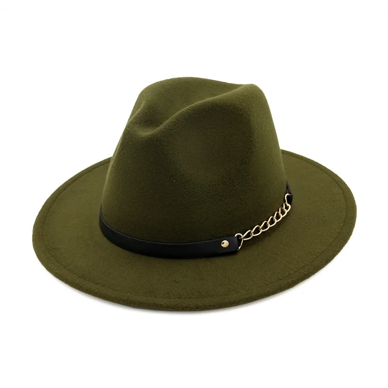 Женская шерстяная широкополая фетровая шляпа унисекс для мужчин, шерстяная Панама, Кепка с головной повязкой, джазовая церковная шляпа, фетровая шляпа - Цвет: Army green