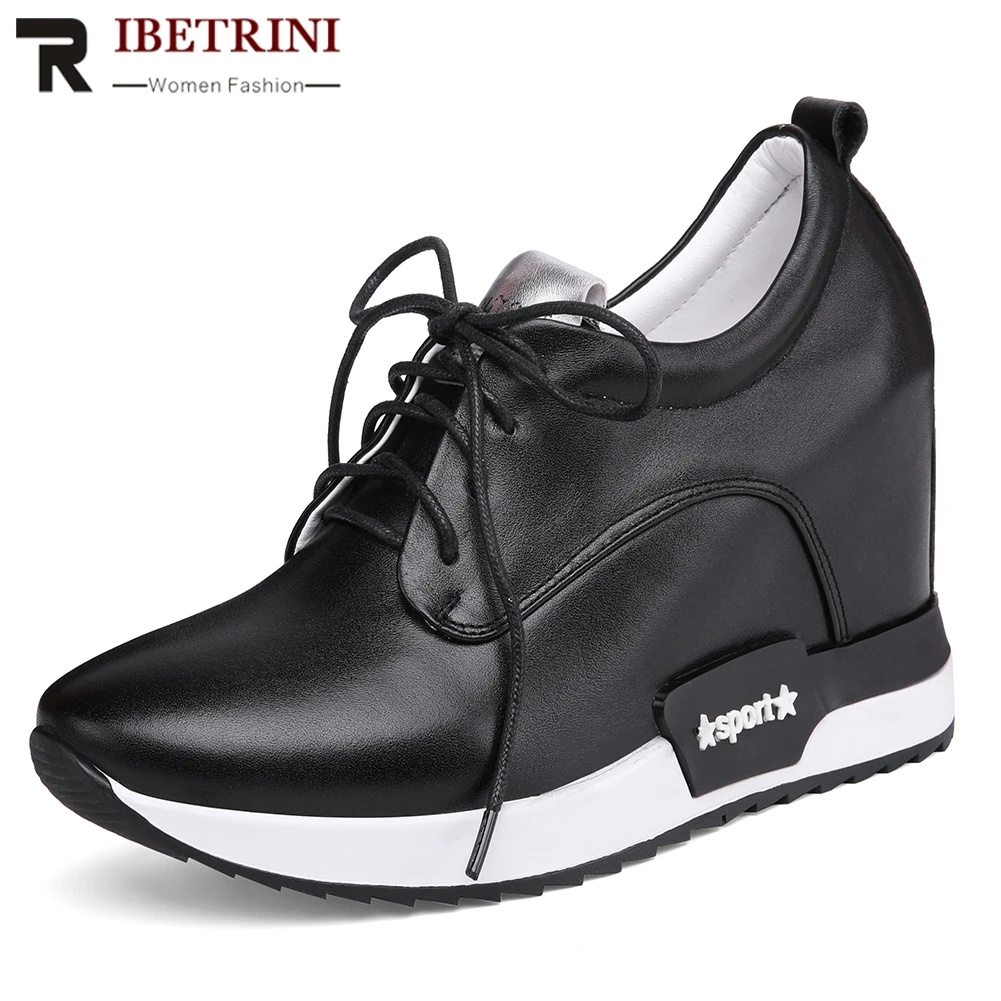 

RIBETRINI 2019 New Concise Slip On Platform Shoes Genuine Leather Shoes Woman Spring Woman Casual Wedges Shoes Women Size 32-40